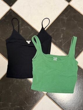 PINK Victoria's Secret Green Ribbed Cropped Tank with Black Camisole Set